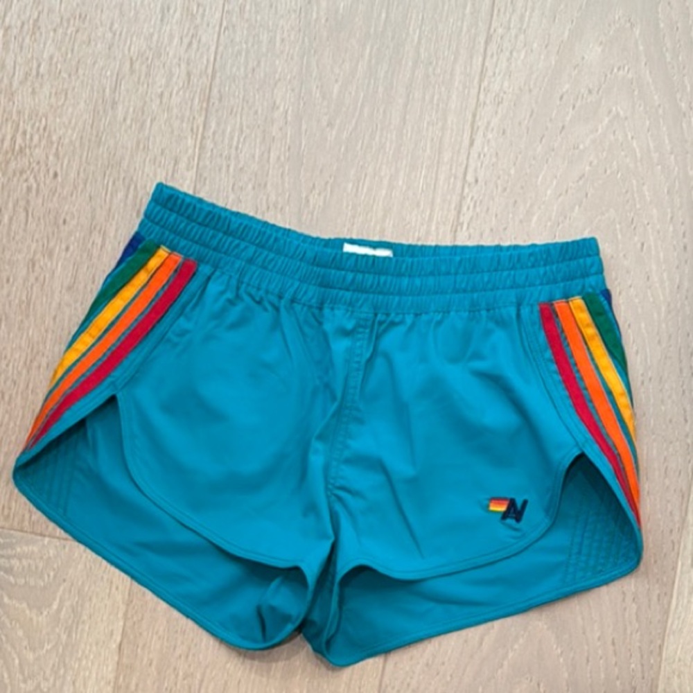 Aviator Nation Teal Athletic Shorts with Rainbow Stripes